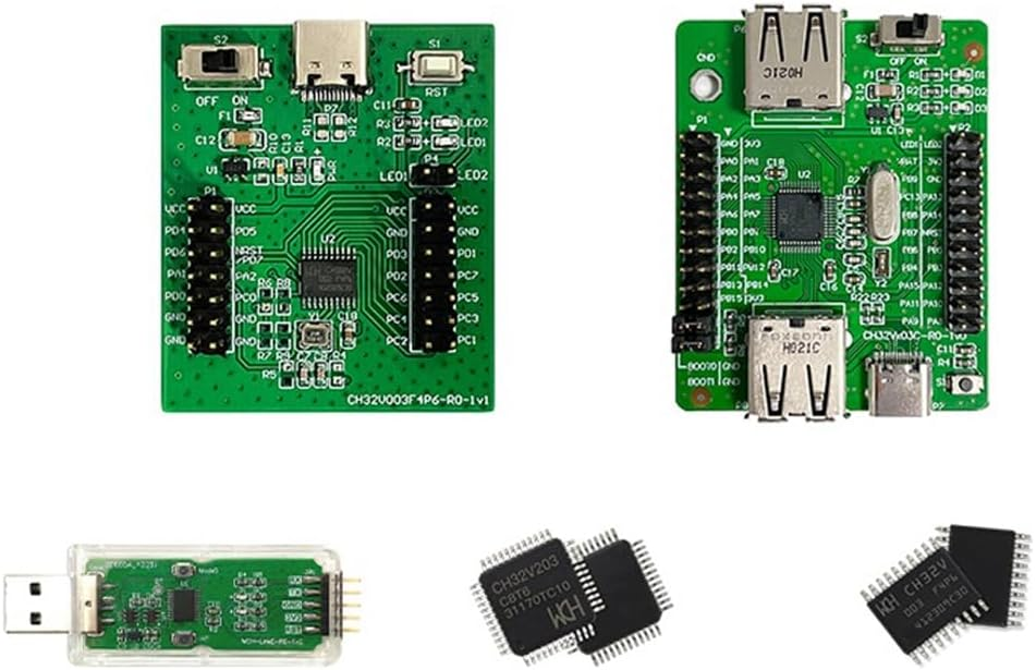 CH32V003F4P6-R0-1v1 board, CH32V003C eval board, WCH-LinkE probe and spare dice